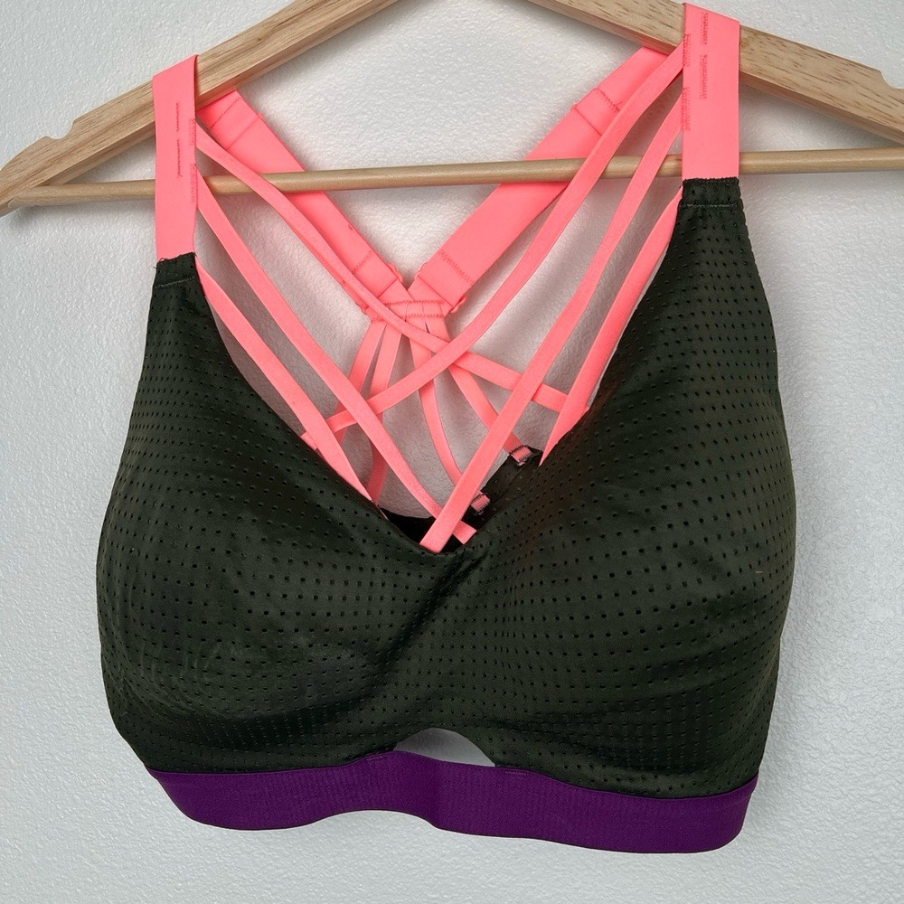 PINK Victoria's Secret Black Sports Bra with Neon Pink Straps and Purple Band